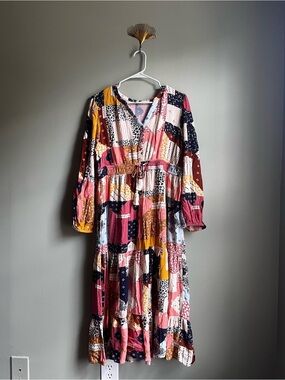 Wonderly Women's Patchwork Print V-Neck Midi Dress - Pink & Mustard